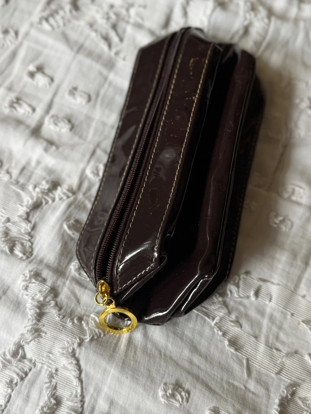 Estee Lauder Dark Brown Patent Cosmetic Bag with Gold Accent